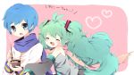  :d bad_id blue_eyes blue_hair blush closed_eyes detached_sleeves eyes_closed food glomp green_hair hatsune_miku hug ice_cream kaito long_hair open_mouth papikoice scarf smile spoon twintails very_long_hair vocaloid 