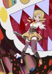  blonde_hair blood boots breasts brown_legwear charlotte_(madoka_magica) corset detached_sleeves drill_hair gun hat highres magical_girl magical_musket mahou_shoujo_madoka_magica mami_mogu_mogu monster open_mouth outstretched_hand pleated_skirt ribbon rifle sharp_teeth silver15 skirt smile spoilers taut_shirt tears thigh-highs thighhighs tomoe_mami twin_drills twintails vertical-striped_legwear vertical_stripes weapon yellow_eyes zettai_ryouiki 