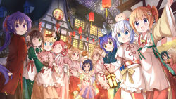  6+girls :d absurdres aerial_fireworks aoba_moca aoyama_blue_mountain apron blonde_hair blue_eyes blue_hair blush bow braid brown_hair building character_request check_character commentary_request fireworks frilled_apron frills fuiba_fuyu gochuumon_wa_usagi_desu_ka? green_eyes hair_bow hair_rings highres holding hoto_cocoa hoto_mocha jacket jinja_eru jinja_natsume jouga_maya kafuu_chino kirima_syaro lantern long_sleeves multiple_girls natsu_megumi night outdoors paper_lantern pink_jacket ponytail puffy_short_sleeves puffy_sleeves purple_hair red_bow red_hair round_window short_sleeves sky smile stick_jitb tedeza_rize tippy_(gochiusa) twin_braids ujimatsu_chiya violet_eyes white_apron white_jacket wide_sleeves window 