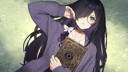  1girl absurdres alumina_bloomveil black-framed_eyewear black_hair blush book braid cardigan choker collarbone glasses grass grey_eyes hair_over_one_eye hand_up highres holding holding_book indie_virtual_youtuber long_hair looking_at_viewer lying on_back open_mouth petite purple_cardigan ribbon round_eyewear shirt solo virtual_youtuber white_ribbon white_shirt yohia 