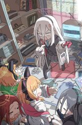  >_< 5girls absurdres anger_vein animal_ear_headphones animal_ears aris_(blue_archive) black_hair black_jacket black_pantyhose black_skirt blobcat blonde_hair blue_archive blue_necktie bow cat_ear_headphones cat_ears collared_shirt commentary controller crt dark_souls_(series) fake_animal_ears famicom game_console game_controller game_development_department_(blue_archive) gamecube green_bow green_halo hair_between_eyes hair_bow halo headphones highres holding holding_controller holding_game_controller indoors jacket kei_(blue_archive) kei_(new_body)_(blue_archive) kuragesensei long_hair long_hair_between_eyes long_sleeves midori_(blue_archive) miniskirt momoi_(blue_archive) multiple_girls necktie open_clothes open_jacket open_mouth pantyhose pink_bow pink_halo playstation_3 pleated_skirt rectangular_halo red_hair shirt siblings skirt sleeves_past_wrists super_famicom twins very_long_hair white_jacket white_shirt yuzu_(blue_archive) 