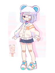  1girl animal_crossing bandaid bandaid_on_face bandaid_on_knee bandaid_on_leg bandaid_on_nose bear_hat black_skirt blue_eyes blunt_bangs blunt_ends blush_stickers buttons cardigan closed_mouth dot_nose eyepatch fewer_digits full_body grey_hair hat highres jitome long_sleeves looking_at_viewer medical_eyepatch miniskirt reference_inset shoes short_hair sidelocks skirt smile sneakers solo standing uenomigi villager_(animal_crossing) white_cardigan white_hat yellow_shoes 