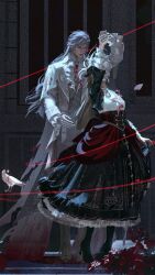  1boy 1girl absurdres bird black_hat brown_hair chinese_commentary commentary_request crow dancing dress faceless faceless_female gei_wo_kao_baomi hat high_heels highres jacket jewelry long_hair love_and_deepspace mephisto_(love_and_deepspace) military_uniform multiple_views official_alternate_costume official_alternate_hair_color official_alternate_hair_length official_alternate_hairstyle protagonist_(love_and_deepspace) red_eyes shirt sylus_(love_and_deepspace) two-tone_dress white_bird white_dress white_hair white_jacket white_shirt 