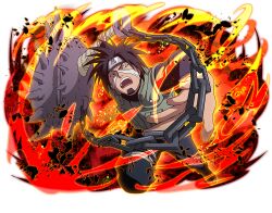  1boy bandages black_hair black_jacket black_pants chain facial_hair fire flak_jacket forehead_protector goatee green_jacket hagane_kotetsu heart jacket konohagakure_shinobi_uniform looking_at_viewer male_focus naruto_(series) naruto_shippuuden:_ultimate_ninja_blazing nose official_art open_mouth pants short_hair solo spiky_hair teeth upper_teeth_only 
