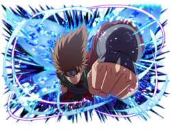  1boy akimichi_chouji black_boots black_pants boots brown_eyes brown_hair coat flak_jacket forehead_protector green_jacket jacket long_hair looking_at_viewer male_focus naruto_(series) naruto_shippuuden naruto_shippuuden:_ultimate_ninja_blazing official_art open-toe_boots open_clothes open_jacket pants punching red_coat solo 