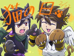  2boys ahoge angel angel_wings animal_ears animal_hands black_hair brown_hair cat_day cat_ears cat_tail closed_eyes dark_pit dated fang green_background kid_icarus kid_icarus_uprising male_focus multiple_boys pit_(kid_icarus) red_eyes tail wings yui_fightpaint 