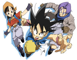  1girl 2boys backpack bag bandana belt black_eyes black_gloves black_hair black_shirt blue_eyes brown_gloves closed_mouth commentary_request dougi dragon_ball dragon_ball_gt fingerless_gloves gloves jacket multiple_boys open_clothes open_jacket open_mouth orange_bandana pan_(dragon_ball) pants purple_hair red_shirt shino_(2919) shirt shoes simple_background son_goku spiky_hair teeth trunks_(dragon_ball) upper_teeth_only white_background wristband 