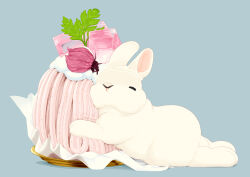  animal blue_background closed_eyes commentary_request coriander cream dessert flower food gelatin jelly_cube lilac_(p-f_easy) mont_blanc_(food) no_humans original plate rabbit simple_background sploot 