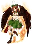  ahoge bad_id bow brown_hair hair_bow highres loafers long_hair pointy_ears red_eyes reiuji_utsuho shoes solo third_eye touhou virus_(obsession) wings 