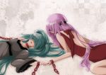  aqua_hair bdsm blindfold bondage chain chains choker hand_holding hatsune_miku highres holding_hands long_hair lying megurine_luka multiple_girls nail_polish pink_hair shackle vocaloid yuzuko1107 