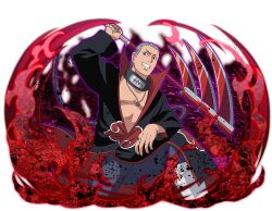  1boy akatsuki_uniform amegakure_symbol black_coat black_pants coat forehead_protector grey_hair grin hidan_(naruto) holding holding_weapon jewelry looking_at_viewer naruto_(series) naruto_shippuuden:_ultimate_ninja_blazing necklace official_art pants print_coat short_hair smile solo weapon 