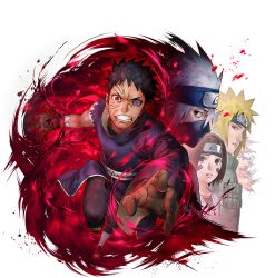  1girl 3boys black_boots black_coat black_gloves black_hair black_mask black_pants blonde_hair blue_eyes boots brown_eyes brown_hair clenched_teeth coat flak_jacket forehead_protector gloves green_jacket grey_hair hatake_kakashi jacket konohagakure_symbol looking_at_viewer mask mouth_mask multiple_boys namikaze_minato naruto_(series) naruto_shippuuden naruto_shippuuden:_ultimate_ninja_blazing nohara_rin official_art open-toe_boots pants red_eyes rinnegan sharingan short_hair single_glove teeth torn_clothes torn_coat uchiha_obito violet_eyes 