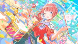  1girl 5others ;d asymmetrical_sidelocks balloon blunt_bangs brown_hair collarbone collared_jacket colorful colorful_palette dot_nose drum drum_set drumsticks earrings flower flower_earrings game_cg grey_ribbon grey_skirt grey_trim hair_ribbon hands_up headphones highres holding holding_drumsticks instrument jacket jewelry kimi_to_tsunagu_heart_beat_(project_sekai) light_blush looking_at_viewer low_ponytail medium_hair mochizuki_honami multicolored_ribbon multiple_others official_alternate_costume official_art one_eye_closed open_mouth pleated_skirt ponytail project_sekai red_jacket red_ribbon ribbon shirt sidelocks single_earring skirt smile star_(symbol) swept_bangs third-party_source upper_body white_shirt 