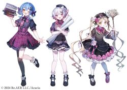  3girls :d ;d beret black_choker black_dress black_hat black_headdress black_shirt black_shoes black_thighhighs blonde_hair blue_hair book choker copyright_notice dress duster flower frilled_skirt frills gradient_hair green_eyes hair_flower hair_ornament hair_rings hat high-waist_skirt highres holding holding_book holding_duster long_hair mahou_shoujo_no_majo_saiban multicolored_hair multiple_girls necktie noyu_(noyu23386566) official_art one_eye_closed open_mouth orange_eyes pantyhose pink_eyes pink_flower pink_hair pink_necktie pink_shoes pink_skirt sakuraba_ema shirt shoes short_hair short_sleeves simple_background single_thighhigh skirt smile socks suspender_skirt suspenders tachibana_sherry thigh-highs tono_hanna twintails very_long_hair white_background white_flower white_hair white_pantyhose white_socks x_hair_ornament 