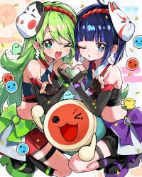  1boy 2girls abstract_background absurdres ahoge arched_back armpit_crease baby_animal ball_hands bandai_namco bare_shoulders bike_shorts bird black_gloves black_shorts black_socks blue_eyes blue_hair blush bow bright_pupils chick_(blue)_(taiko_no_tatsujin) chick_(green)_(taiko_no_tatsujin) chick_(yellow)_(taiko_no_tatsujin) closed_mouth collarbone commentary_request confetti crop_top detached_sleeves drum egasumi elbow_gloves fingerless_gloves fingernails fox_mask gem gloves green_bow green_eyes green_gem green_sandals hair_between_eyes half-skirt heart highres idol idol_clothes instrument kneehighs long_hair looking_at_viewer loose_hair_strand mask midriff miniskirt multiple_girls navel official_art okame_(mask) one_eye_closed open_mouth platform_sandals pleated_skirt pomu_(joynet) purple_bow purple_gem purple_sandals red_skirt remi_(taiko_no_tatsujin) sandals screentones second-party_source shide short_hair short_shorts shorts sidelocks single_detached_sleeve single_elbow_glove skirt socks squatting straight_hair symmetrical_hand_pose taiko_drum taiko_no_tatsujin thigh_strap triangle_mouth very_long_hair wada_don wada_katsu waist_bow white_pupils white_skirt white_sleeves yagura_fua 