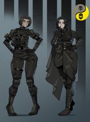  2girls ammunition_pouch belt black_boots black_gloves black_hair boots brown_eyes bulletproof_vest cape commentary english_commentary finger_to_mouth gloves hand_on_own_hip hands_on_own_hips helldiver_(helldivers) helldivers_(series) highres ho-uja knee_pads mask mouth_mask multiple_girls ninja_mask pouch short_hair shushing single_knee_pad skull smile 