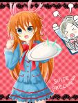  &gt;_&lt; angry bad_id blue_eyes blush bow brown_hair cake chibi food food_on_face fork hair_ribbon highres houjou_hibiki long_hair minamino_kanade multiple_girls open_mouth orange_hair pink_background plate ponytail precure ribbon school_uniform skirt suite_precure title_drop twintails two_side_up 