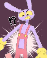  !? 1boy absurdres artist_name buttons clenched_teeth clothing_cutout colored_sclera colored_teeth commentary cowboy_shot furrowed_brow furry furry_male gloves gold_buttons highres jax_(the_amazing_digital_circus) looking_down male_focus meru_(mer_milky77) outline overalls pocket purple_background purple_fur rabbit_boy simple_background solo standing surprised sweatdrop teeth the_amazing_digital_circus twitter_username v-shaped_eyebrows wardrobe_malfunction white_outline wide-eyed yellow_gloves yellow_sclera yellow_teeth 