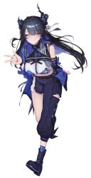  1girl ;d absurdres arm_behind_back asymmetrical_clothes asymmetrical_horns asymmetrical_sleeves black_boots black_hair black_pants black_sleeves blue_hair blue_shirt boots breasts center_frills collared_shirt colored_inner_hair commentary cropped_shirt detached_sleeves english_commentary flower frills full_body grin hair_ribbon hand_up highres hololive hololive_english hololive_idol_uniform_(color_rise) horn_flower horns idol_clothes lace-up_boots large_breasts leaning_forward long_hair looking_at_viewer midriff mismatched_sleeves mole mole_under_eye multicolored_hair multicolored_shirt nerissa_ravencroft official_alternate_costume one_eye_closed pants platform_boots puffy_detached_sleeves puffy_short_sleeves puffy_sleeves ribbon shirt short_sleeves sidelocks simple_background single_detached_sleeve single_pantsleg single_sleeve slit_pupils smile solo uneven_horns very_long_hair violet_eyes virtual_youtuber w white_background yoellim5 