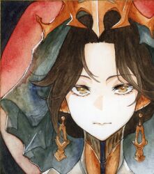  1girl android black_veil brown_eyes brown_hair closed_mouth earrings gold_tiara hakamori_shishamo highres jewelry looking_at_viewer lucy_(reverse:1999) lucy_(the_queen's_game)_(reverse:1999) official_alternate_costume painting_(medium) portrait red_background reverse:1999 robot_ears robot_girl short_hair solo straight-on traditional_media veil watercolor_(medium) yellow_eyes 