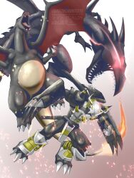  alternate_color armor black_armor blackwargreymon blonde_hair charizard commentary crossover digimon digimon_(creature) dragon duel_monster english_commentary eye_trail fiery_tail fire glowing glowing_eyes group_picture highres light_trail lizard multicolored_hair open_mouth pokemon pokemon_(creature) red-eyes_black_dragon red_eyes retrogalit sharp_teeth shiny_pokemon short_hair split-color_hair tail teeth trait_connection yellow_eyes yu-gi-oh! 
