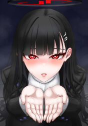  1girl absurdres black_hair black_jacket blue_archive blunt_bangs blush commentary_request cupping_hands hair_ornament hairclip halo highres jacket long_hair looking_at_viewer o_mochi2537 own_hands_together parted_lips red_eyes ribbed_sweater ringed_eyes rio_(blue_archive) solo sweater turtleneck turtleneck_sweater variant_set white_sweater 