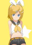 aqua_eyes arms_behind_back bad_id bare_shoulders belt blonde_hair child flat_chest hair_ornament hair_ribbon hairclip kagamine_rin looking_at_viewer midriff navel open_mouth ribbon sailor_collar short_hair shorts simple_background solo tamakorogashi vocaloid yellow_background 