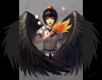  bad_id black_hair black_wings bust dress_shirt fan hat highres realistic red_eyes russellc shameimaru_aya shirt short_hair solo tokin_hat touhou wings 