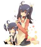  2girls alternate_color apron barefoot black_hair blue_eyes blush child female footwear hair_bow if_they_mated kurusu_kanako long_hair long_sleeves maromi_(am97) maromi_(artist) multiple_girls ore_no_imouto_ga_konna_ni_kawaii_wake_ga_nai red_eyes sleeves_past_wrist smile socks striped twintails tying 