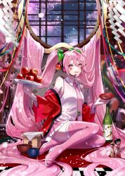  1girl absurdly_long_hair absurdres alcohol apple arm_tattoo bare_shoulders between_legs blush boots bottle breasts cherry_blossoms cherry_hair_ornament closed_mouth collarbone collared_shirt commentary_request cup detached_sleeves falling_flower food food-themed_hair_ornament fruit full_body hair_between_eyes hair_ornament hand_between_legs hatsune_miku headset highres holding holding_plate indoors long_hair long_sleeves looking_at_viewer necktie petals pink_eyes pink_hair pink_nails pink_necktie pink_petals pink_skirt pink_trim plate rullep sakazuki sakura_miku shirt sitting skirt sleeveless sleeveless_shirt small_breasts solo tattoo thick_thighs thigh_boots thighs tie_clip tongue tongue_out twintails very_long_hair vocaloid wariza wide_sleeves wine wine_bottle zettai_ryouiki 