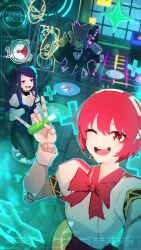  1boy 2girls absurdres android astral_party bartender candy chewing_gum commentary commission crossover dorothy_haze english_commentary food frankenstein's_monster_costume gameplay_mechanics hairband highres holding holding_candy holding_food jill_stingray joints looking_at_viewer monkey multiple_girls one_eye_closed open_mouth purple_hair red_eyes red_hair rnna robot_joints short_hair twintails va-11_hall-a 