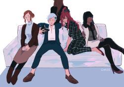  5girls absurdres alice_(kyokugen_dasshutsu) alternate_costume artist_name black_flower black_pants black_pantyhose black_shirt blue_eyes blue_jacket blue_nails blue_pants blue_shirt book boots brown_boots brown_hair brown_jacket brown_shoes brown_skirt chaie closed_mouth commentary couch dark-skinned_female dark_skin english_commentary fingernails flower green_eyes hair_flower hair_ornament hand_on_own_leg high_heels highres holding holding_book jacket kurashiki_akane kyokugen_dasshutsu kyokugen_dasshutsu_adv:_zennin_shibou_desu long_hair luna_(kyokugen_dasshutsu) multiple_girls nail_polish on_couch one_eye_closed open_book open_clothes open_jacket orange_hair pants pantyhose phi_(kyokugen_dasshutsu) pink_hair purple_shoes red_shoes shirt shoes short_hair simple_background sitting skirt smile turtleneck very_dark_skin very_short_hair white_background white_hair white_jacket white_shirt white_skirt yotsuba_(kyokugen_dasshutsu) 