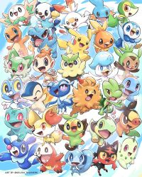  beak bird bird_wings blue_skin browt bulbasaur charmander chespin chikorita chimchar colored_skin commentary cyndaquil english_commentary fangs feathers fennekin froakie fuecoco gecqua grookey highres kelvin-trainerk litten looking_at_viewer mudkip open_mouth orange_fur oshawott pikachu piplup pokemon pokemon_(creature) pokemon_focus pombon popplio quaxly rowlet scorbunny smile snivy sobble sprigatito squirtle tepig tongue tongue_out torchic totodile treecko turtwig wings yellow_feathers 