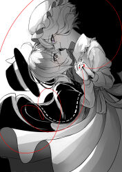  2girls absurdres ahoge blush bow brown_eyes capelet collared_dress collared_shirt commentary_request dress evil_grin evil_smile feet_out_of_frame greyscale grin hat hat_bow heart heart_of_string highres holding_hands interlocked_fingers kinese_(katasutorohu) long_sleeves maribel_hearn medium_hair mob_cap monochrome multiple_girls ribbon-trimmed_capelet ribbon_trim shirt smile spot_color string string_of_fate touhou unworn_hat unworn_headwear usami_renko violet_eyes 