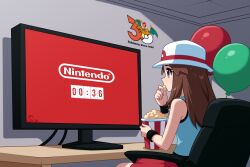  1girl balloon bare_arms blue_shirt brown_eyes brown_hair food happy_anniversary hat highres leaf_(pokemon) long_hair nintendo_direct pokemon pokemon_frlg popcorn red_skirt shirt skirt sleeveless sleeveless_shirt solo su1zide white_hat 