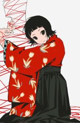 1girl black_eyes black_hair black_hakama black_skirt commentary_request floral_print floral_print_kimono hakama hakama_skirt highres japanese_clothes kimono koine2l23 looking_at_viewer print_kimono red_kimono sayonara_zetsubou_sensei short_hair skirt solo string string_of_fate tsunetsuki_matoi tulip_print 