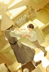  1boy 1girl absurdres belt black_belt black_hair black_shoes bottle ceiling_fan chair child collared_shirt covered_face cup dress faceless faceless_female from_above green_eyes green_vest grey_dress grey_pants grey_socks hair_between_eyes highres holding_hands indoors kitchen kkolo432271 limbus_company meursault_(project_moon) open_window pants paper pen plate project_moon shirt shoes short_hair sink socks solo_focus spoon striped_clothes striped_socks sunlight table vertical-striped_clothes vertical-striped_socks vest waistcoat white_shirt window 