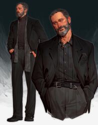  1boy a_knight_of_the_seven_kingdoms a_song_of_ice_and_fire absurdres baelor_targaryen beard belt black_belt black_hair black_jacket black_pants black_shoes black_sweater closed_mouth cowboy_shot crazytom cropped_legs facial_hair facial_mark full_body grey_hair grey_pants grey_scarf hands_in_pockets highres jacket jewelry light_smile male_focus mature_male multiple_views necklace pants scarf shirt shoes sigil solo striped_clothes striped_shirt suit_jacket sweater thumb_ring 