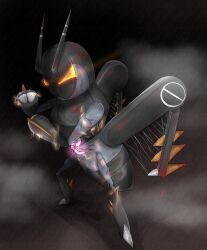  antennae belt bug century_king_sun_driver claws commentary_request full_body glowing hariri henshin henshin_pose highres kamen_rider kamen_rider_black_sun_(series) lokix looking_at_viewer no_humans pokemon pokemon_(creature) pokemon_focus rider_belt standing v-shaped_eyes yellow_eyes 