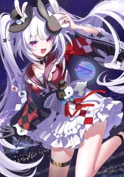  1girl black_hat breasts capelet card commentary_request hat holding holding_mask honkai:_star_rail honkai_(series) kiki-yu long_hair looking_at_viewer mask mini_hat mini_top_hat night open_mouth red_capelet skirt sky small_breasts solo sparkle_(honkai:_star_rail) sparxie_(honkai:_star_rail) star_(sky) starry_sky thighs top_hat twintails very_long_hair violet_eyes white_hair white_skirt 
