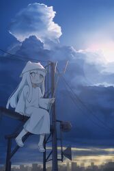  1girl absurdres animal_hat blue_eyes blunt_bangs cat_hat cityscape clouds cloudy_sky commentary_request dress feet hat heterochromia highres holding holding_polearm holding_weapon karmanimaxwx light_blush looking_afar outdoors parted_lips polearm sandals shimeji_simulation sidelocks sitting sky solo the_gardener_(shimeji_simulation) toes weapon white_dress white_eyes white_hair white_hat 