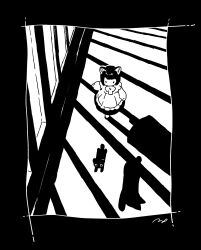  ._. 1girl animal animal_ear_fluff animal_ears apron black_cat bob_cut bow bowtie cat cat_day cat_ears cat_girl frilled_apron frills from_above greyscale high_contrast highres indoors irregular_border long_sleeves maeya_susumu maid maid_apron monochrome no_mouth no_nose original puffy_long_sleeves puffy_sleeves shadow short_hair signature solo walking wide_shot window window_shadow 