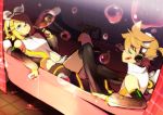  bathtub black_legwear black_thighhighs blonde_hair blue_eyes breasts brother_and_sister bubble detached_sleeves hair_ornament hairclip headphones highres kagamine_len kagamine_len_(append) kagamine_rin kagamine_rin_(append) kl navel pocky siblings thigh-highs thighhighs twins vocaloid vocaloid_append 