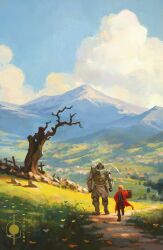  2boys alphonse_elric armor artist_logo burnt_tree clouds cloudy_sky coat day edward_elric english_commentary full_armor fullmetal_alchemist genel_jumalon grass highres logo mountainous_horizon multiple_boys outdoors red_coat scenery sky walking 