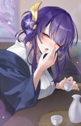  1girl absurdres alternate_costume alternate_hairstyle breast_rest breasts breasts_on_table choko_(cup) commentary_request cup genshin_impact hair_ornament hand_up haori highres holding holding_cup indoors japanese_clothes kimono looking_at_viewer mole mole_under_eye one_eye_closed parted_lips purple_hair raiden_shogun solo striped_clothes striped_kimono taira_(taira_oekaki) teeth tokkuri twitter_username upper_teeth_only vertical-striped_clothes vertical-striped_kimono violet_eyes yawning 