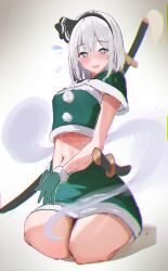  1girl 258n @_@ absurdres black_hairband black_ribbon breasts capelet commentary crop_top cropped_shirt double-parted_bangs flower flying_sweatdrops full_body fur-trimmed_gloves fur_trim gloves gradient_hair green_capelet green_flower green_gloves green_shirt green_skirt hair_ribbon hairband highres katana konpaku_youmu konpaku_youmu_(ghost) medium_hair midriff miniskirt multicolored_gloves multicolored_hair navel pom_pom_(clothes) ribbon santa_costume seiza shirt sitting skirt sleeveless sleeveless_shirt small_breasts solo sword sword_on_back thick_thighs thighs touhou two-tone_capelet two-tone_gloves two-tone_shirt two-tone_skirt untranslatable_commentary weapon weapon_on_back white_background white_capelet white_gloves white_hair white_shirt white_skirt wide_hips 