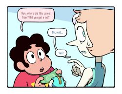  1boy 1girl banknote blue_eyes child colored_skin discount-supervillain dollar_bill forehead_jewel gem gem_(steven_universe) money pearl_(gemstone) pearl_(steven_universe) pointy_nose short_hair speech_bubble steven_quartz_universe steven_universe 