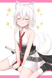  1girl :3 ^_^ absurdres afterimage animal_ear_fluff animal_ears bare_shoulders between_legs black_shoes blush braid closed_eyes closed_mouth collared_shirt commentary_request commission facing_viewer hair_between_eyes hand_between_legs highres kinakon original red_skirt ribbed_socks shirt shoes sitting skeb_commission skirt sleeveless sleeveless_shirt socks solo sparkle tail tail_wagging wariza white_hair white_shirt white_socks 