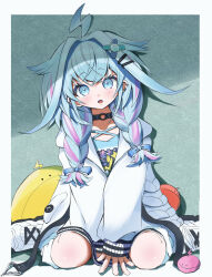  1girl :o ahoge between_legs black_choker blue_bow blue_eyes blue_hair blue_shirt border bow braid choker commentary crossed_bangs ear_piercing full_body hair_bow hair_flaps hair_intakes hair_ornament hairclip hand_between_legs highres hololive hololive_dev_is hood hooded_jacket jacket lightning_ahoge long_sleeves looking_at_viewer low_twin_braids mizumiya_su mizumiya_su_(1st_costume) multicolored_hair o-ring o-ring_choker on_floor open_mouth outside_border own_hands_together parallel_hairclips piercing pink_streaks print_shirt shirt shoes sitting sleeves_past_wrists sneakers solo straight-on streaked_hair twin_braids two-tone_hair u_pi_(upipipi_1) v_arms virtual_youtuber wariza white_border white_jacket white_shoes x_hair_ornament 