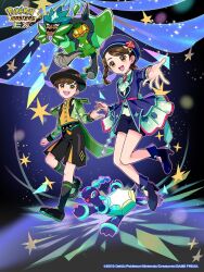  1boy 1girl ascot black_shorts black_socks blush braid brown_eyes brown_hair commentary_request florian_(anniversary_2026)_(pokemon) florian_(pokemon) flower green_ascot green_jacket hat hat_flower highres jacket juliana_(anniversary_2026)_(pokemon) juliana_(pokemon) long_sleeves looking_at_viewer official_alternate_costume official_art ogerpon ogerpon_(teal_mask) open_mouth orange_shirt pokemon pokemon_(creature) pokemon_masters_ex purple_jacket shirt shoes short_hair shorts smile socks star_(symbol) terapagos 